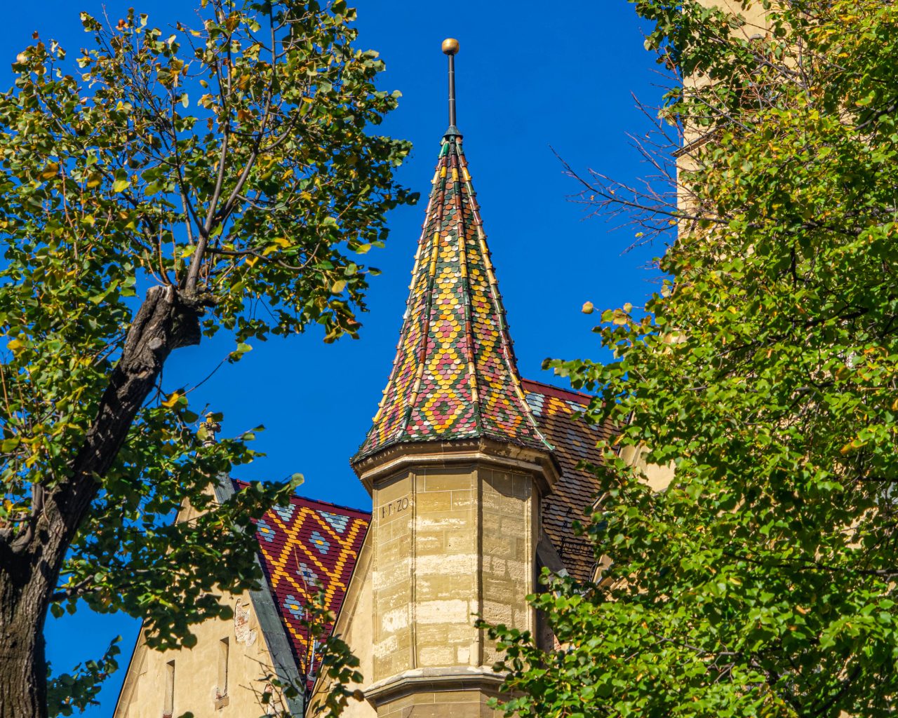 Kleurrijke-kerktoren-kathedraal-tussen-bomen-door