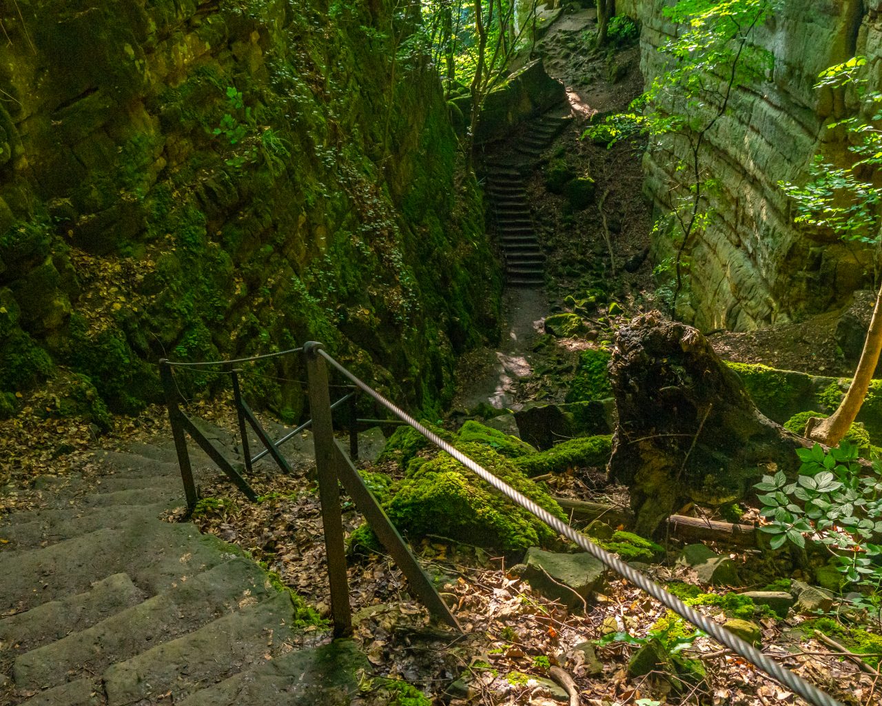 Klimmen-via-trappen-bij-Wolfsschlucht-Mullerthal-Trail