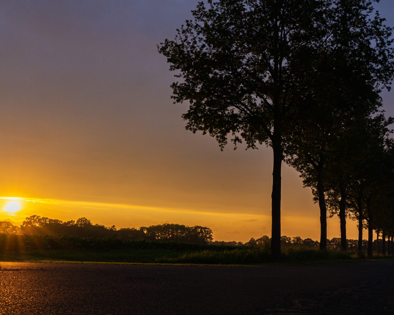 Zonsondergang-tijdens-Pieterpad-langs-weg