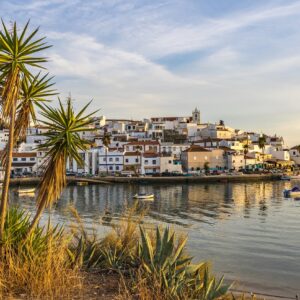 Uitzicht-op-vissershaven-Ferragudo-met-palmboom