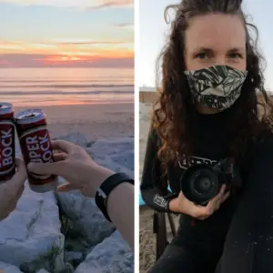 biertjes-zonsondergang-jessica-met-camera-wetsuit-mondkapje