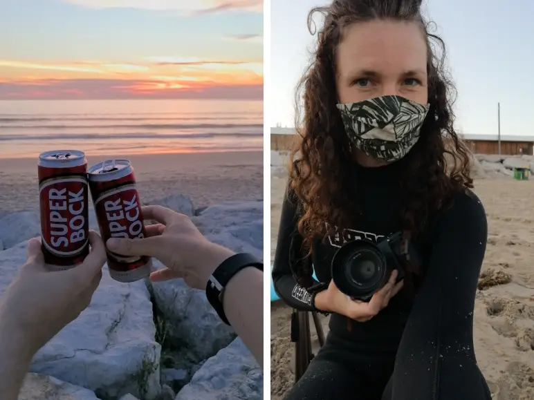 biertjes-zonsondergang-jessica-met-camera-wetsuit-mondkapje